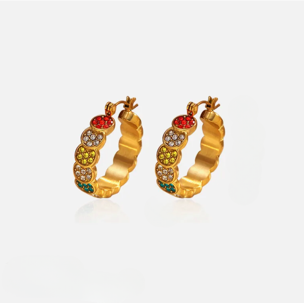 Gold Multicolor Crystal Flower Huggie Earrings - Earrings - 18k Gold Plated Waterproof Jewellery - Collection 9