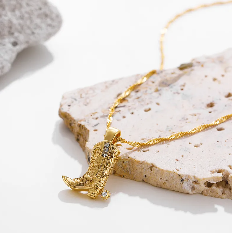 Gold Cowboy Boot Pendant Necklace - - 18k Gold Plated Waterproof Jewellery - Collection 9