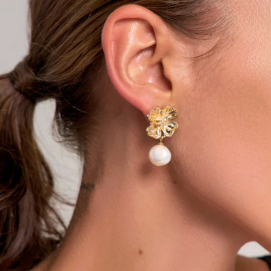 Gold Flower Freshwater Pearl Drop Earrings - - 18k Gold Plated Waterproof Jewellery - Collection 9