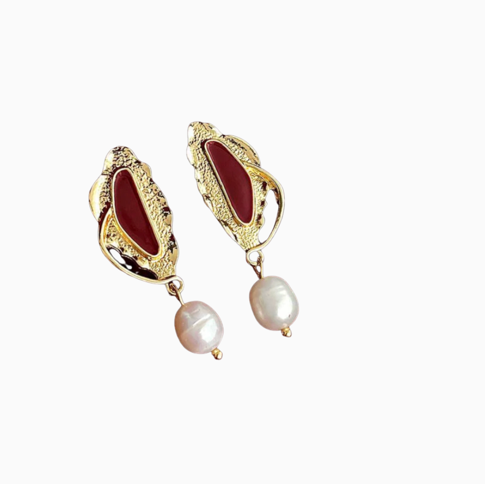 Gold Red Enamel Freshwater Pearl Drop Earrings - - 18k Gold Plated Waterproof Jewellery - Collection 9