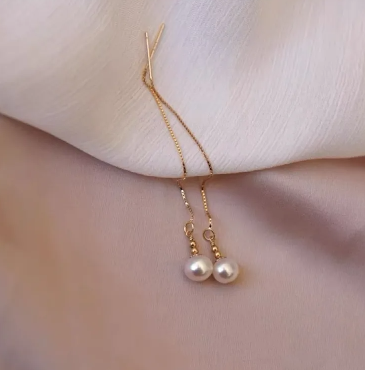 Gold Freshwater Pearl Threader Earrings - - 18k Gold Plated Waterproof Jewellery - Collection 9