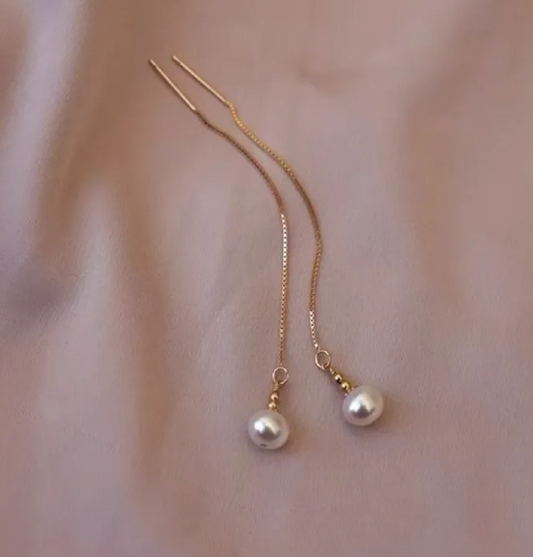 Gold Freshwater Pearl Threader Earrings - - 18k Gold Plated Waterproof Jewellery - Collection 9