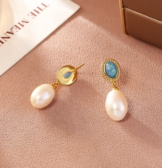 Gold Blue Stone Freshwater Pearl Drop Earrings - - 18k Gold Plated Waterproof Jewellery - Collection 9