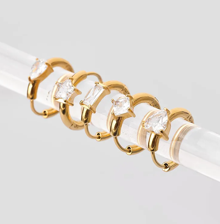 Gold Crystal Huggie Hoop Earring - - 18k Gold Plated Waterproof Jewellery - Collection 9