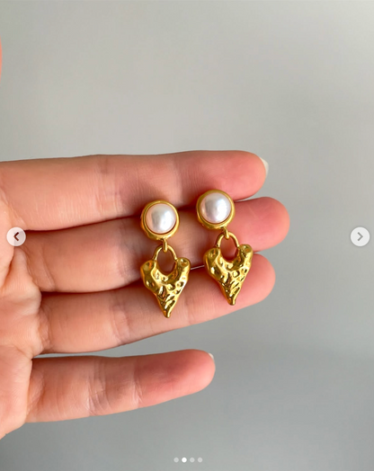 Gold Textured Freshwater Pearl Drop Earrings - - 18k Gold Plated Waterproof Jewellery - Collection 9