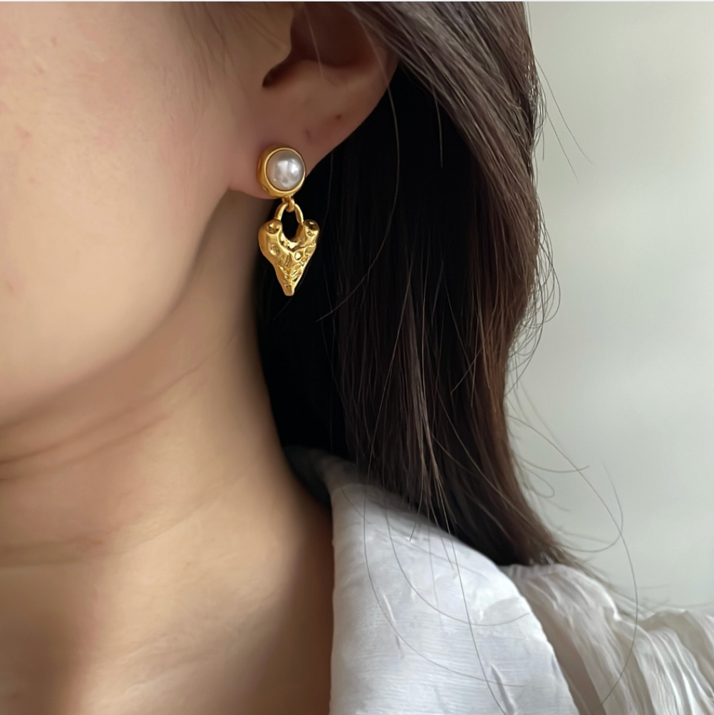 Gold Textured Freshwater Pearl Drop Earrings - - 18k Gold Plated Waterproof Jewellery - Collection 9