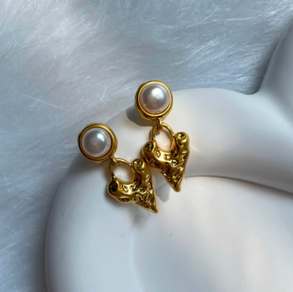 Gold Textured Freshwater Pearl Drop Earrings - - 18k Gold Plated Waterproof Jewellery - Collection 9