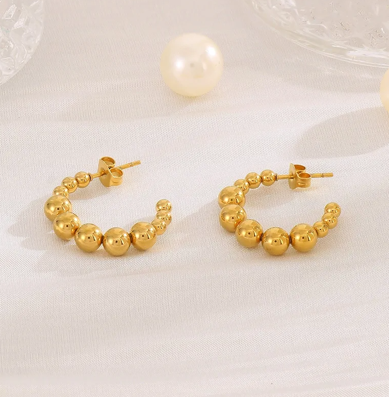 Gold Beaded Huggie Hoop Earrings - - 18k Gold Plated Waterproof Jewellery - Collection 9