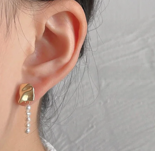 Gold Wave Asymmetric Freshwater Pearl Earrings - - 18k Gold Plated Waterproof Jewellery - Collection 9