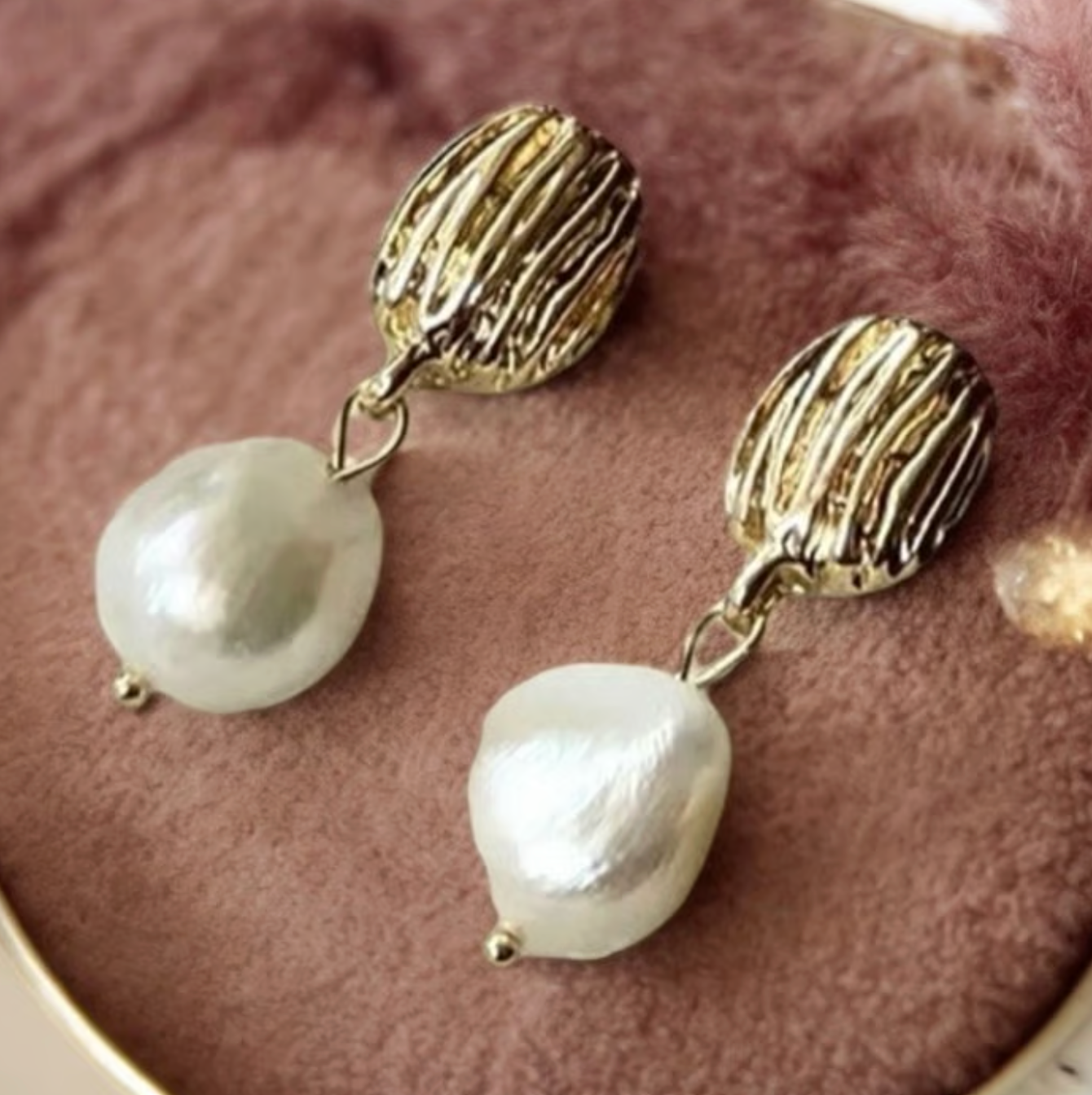 Gold Brushed Oval Freshwater Pearl Drop Earrings - - 18k Gold Plated Waterproof Jewellery - Collection 9