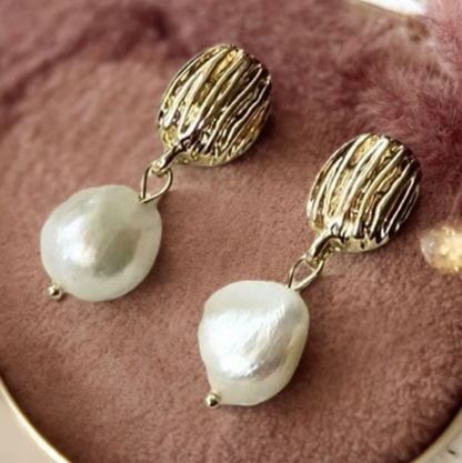 Gold Brushed Oval Freshwater Pearl Drop Earrings - - 18k Gold Plated Waterproof Jewellery - Collection 9