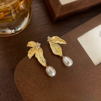 Gold Leaf Freshwater Pearl Drop Earrings - - 18k Gold Plated Waterproof Jewellery - Collection 9