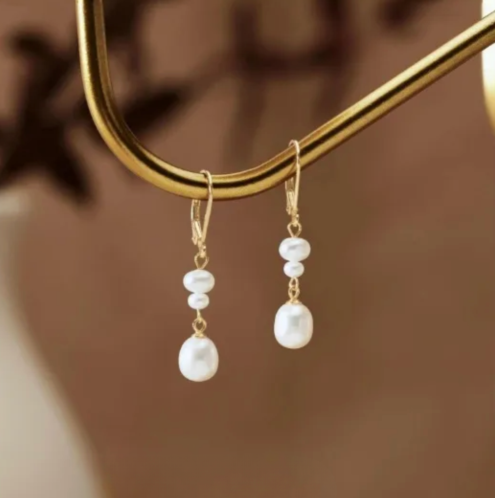 Gold Double Freshwater Pearl Huggie Earrings - - 18k Gold Plated Waterproof Jewellery - Collection 9