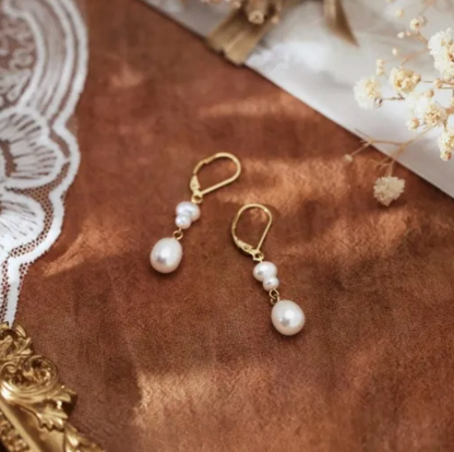 Gold Double Freshwater Pearl Huggie Earrings - - 18k Gold Plated Waterproof Jewellery - Collection 9