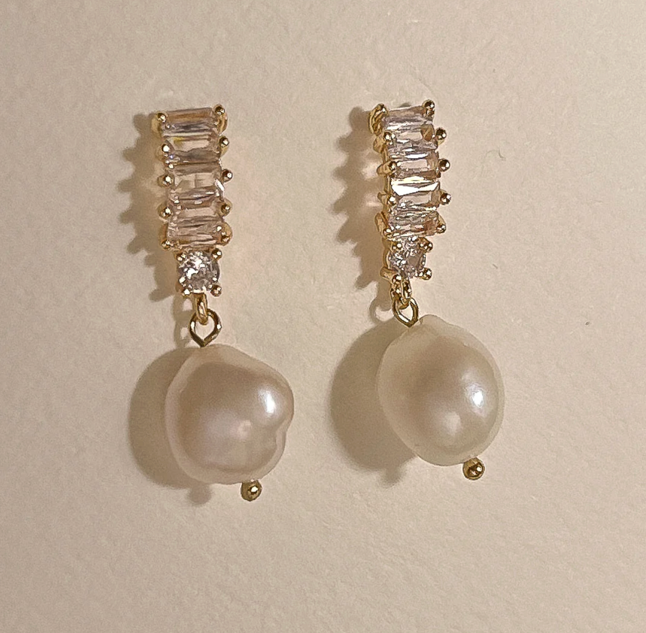 Golden Crystal Bar Freshwater Pearl Stud Earrings - - 18k Gold Plated Waterproof Jewellery - Collection 9