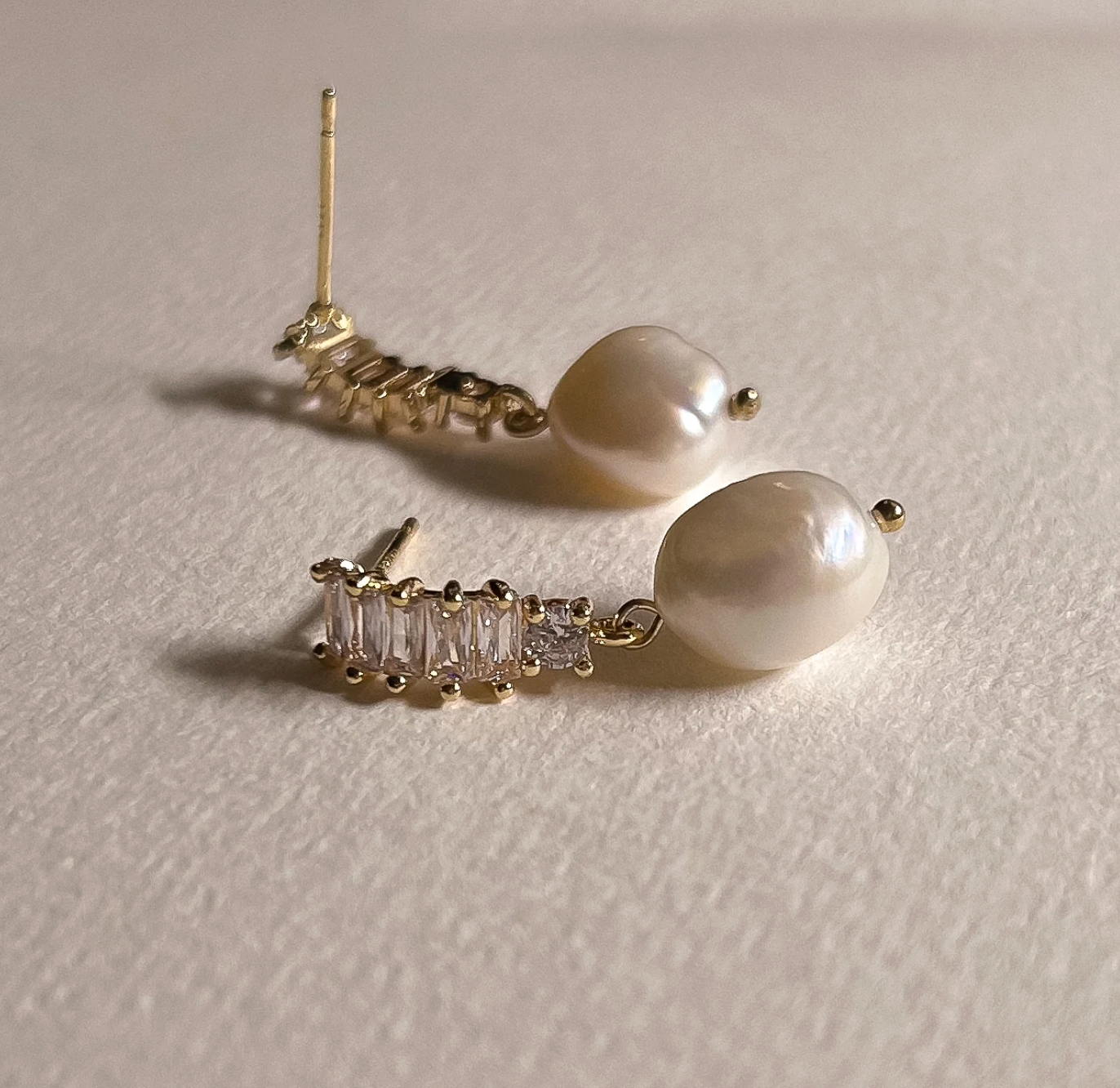 Golden Crystal Bar Freshwater Pearl Stud Earrings - - 18k Gold Plated Waterproof Jewellery - Collection 9