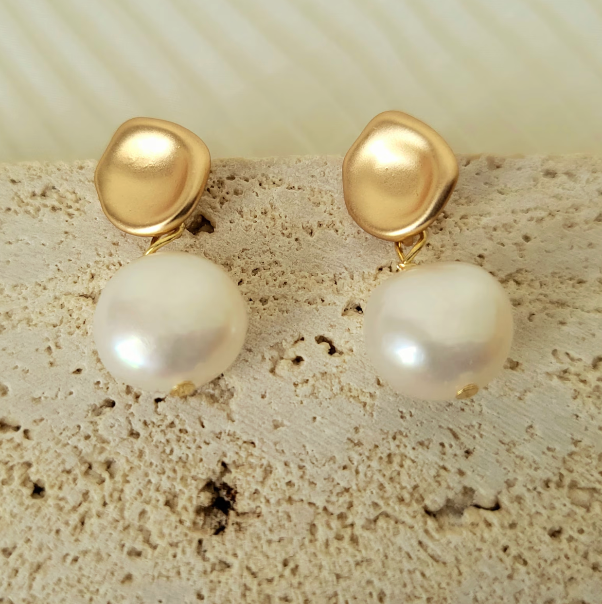 Gold Cushion Freshwater Pearl Drop Earrings - - 18k Gold Plated Waterproof Jewellery - Collection 9