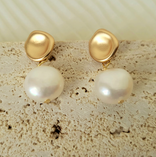 Gold Cushion Freshwater Pearl Drop Earrings - - 18k Gold Plated Waterproof Jewellery - Collection 9