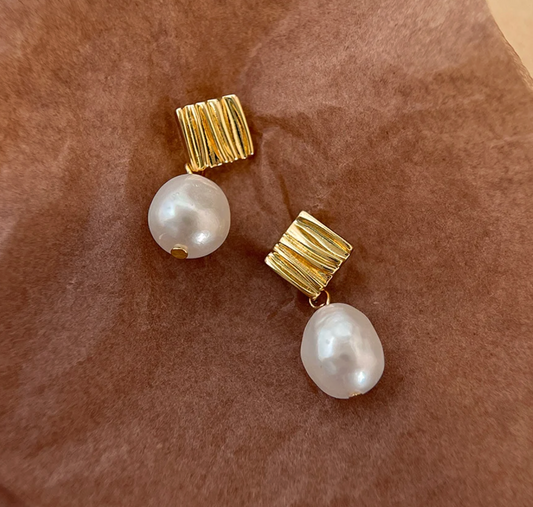 Gold Ribbed Square Freshwater Pearl Drop Earrings - - 18k Gold Plated Waterproof Jewellery - Collection 9