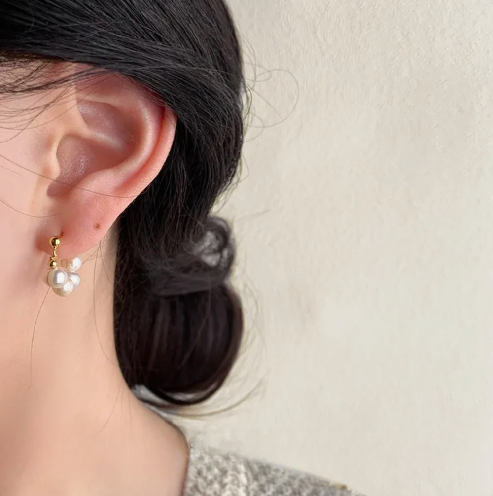 Gold Freshwater Pearl Cluster Huggie Earrings - - 18k Gold Plated Waterproof Jewellery - Collection 9