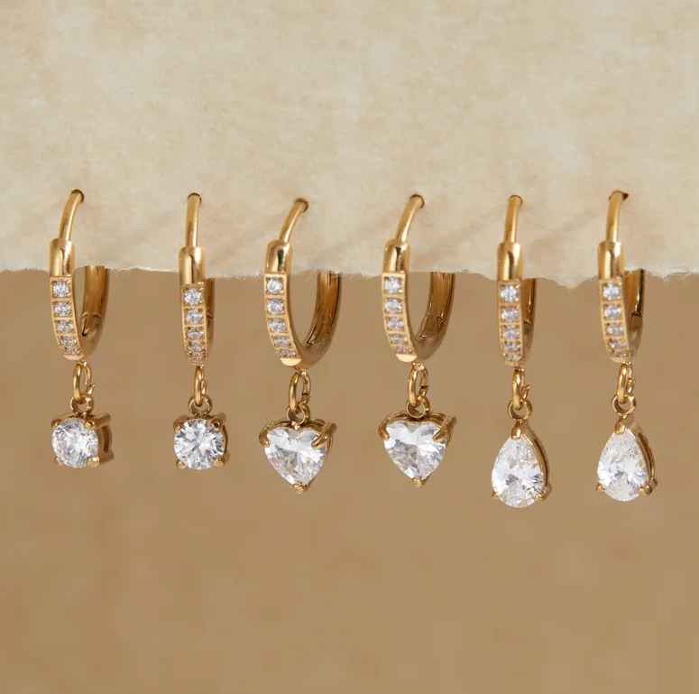 Gold Crystal Heart Huggie Drop Earrings - - 18k Gold Plated Waterproof Jewellery - Collection 9