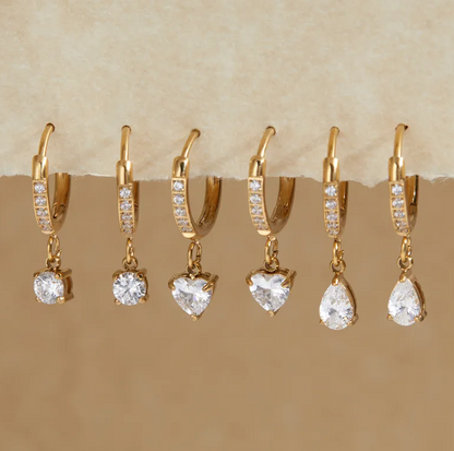 Gold Crystal Heart Huggie Drop Earrings - - 18k Gold Plated Waterproof Jewellery - Collection 9