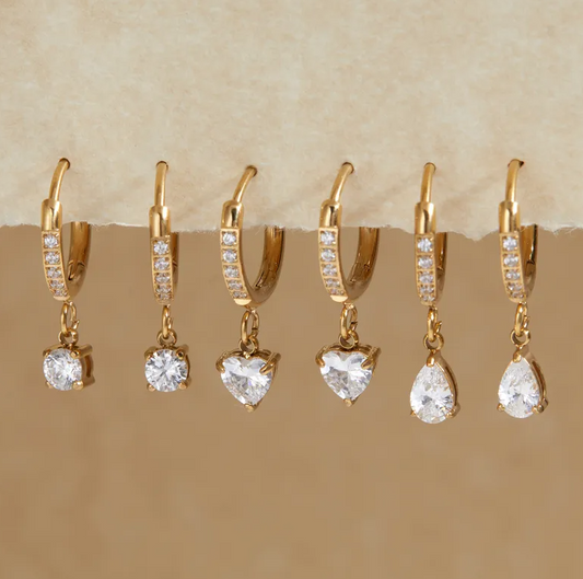 Gold Crystal Heart Huggie Drop Earrings - - 18k Gold Plated Waterproof Jewellery - Collection 9