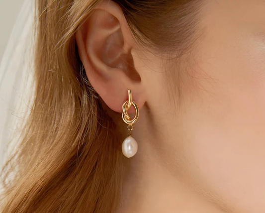 Gold Knot Freshwater Pearl Drop Earrings - - 18k Gold Plated Waterproof Jewellery - Collection 9