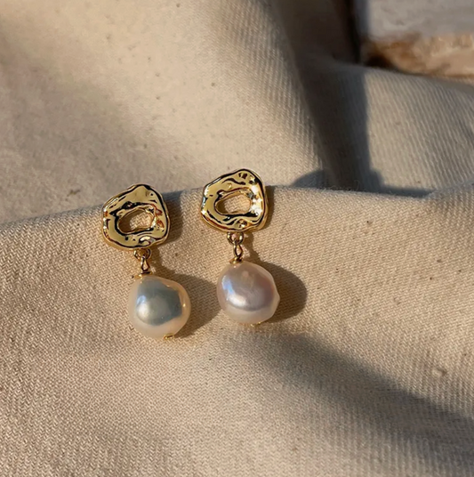 Gold Abstract Disc Freshwater Pearl Drop Earrings - - 18k Gold Plated Waterproof Jewellery - Collection 9