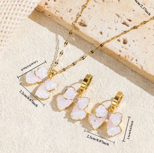 Gold White Enamel Bow Crystal Jewelry Set - - 18k Gold Plated Waterproof Jewellery - Collection 9