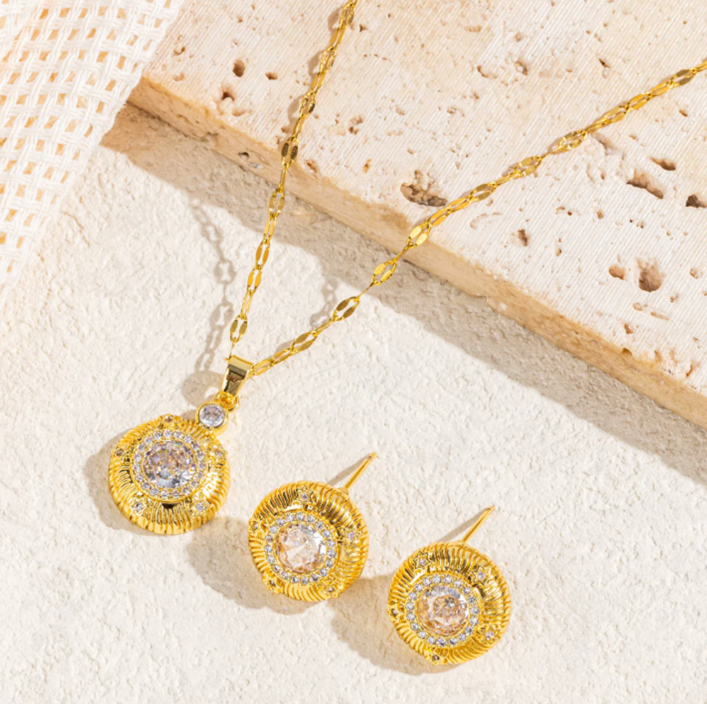 Gold Textured Disc Crystal Jewelry Set - - 18k Gold Plated Waterproof Jewellery - Collection 9