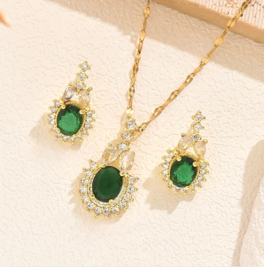 Gold Emerald Crystal Crown Halo Jewelry Set - - 18k Gold Plated Waterproof Jewellery - Collection 9