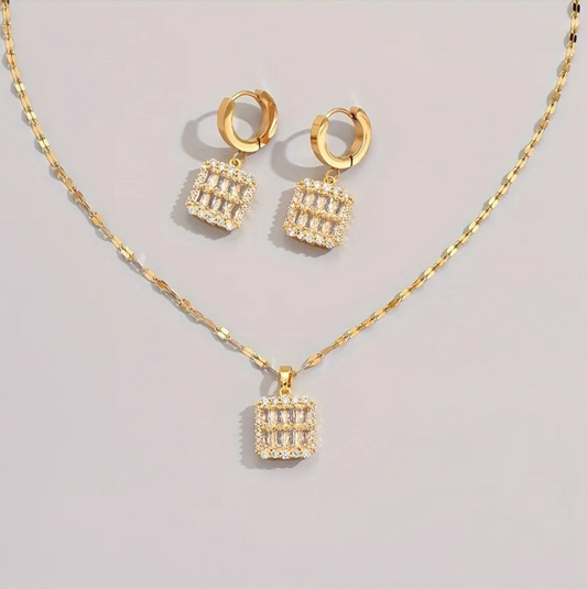 Gold Baguette Crystal Square Jewelry Set - - 18k Gold Plated Waterproof Jewellery - Collection 9