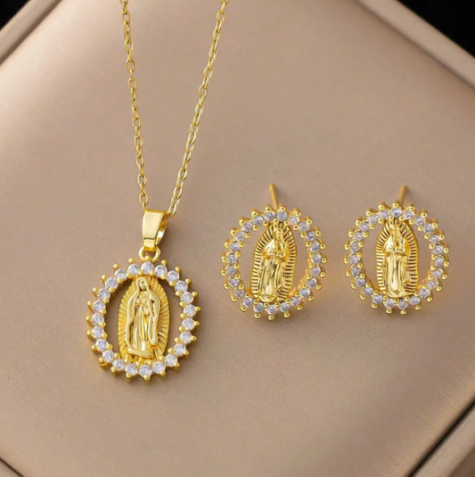 Gold Virgin Mary Crystal Halo Jewelry Set - - 18k Gold Plated Waterproof Jewellery - Collection 9