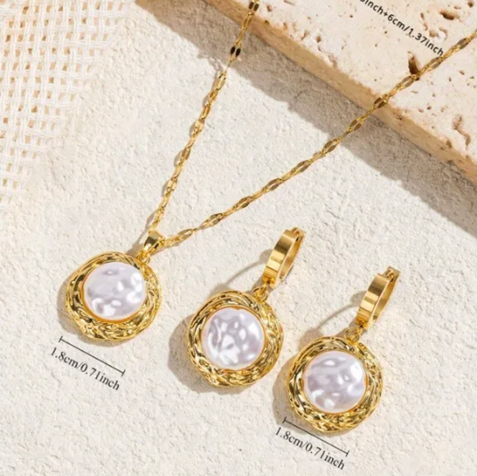 Gold White Pearl Jewellery Set - Jewellery Set - 18k Gold Plated Waterproof Jewellery - Collection 9