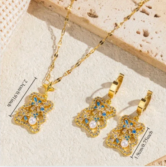 Gold Crystal Bear Clover Jewelry Set - - 18k Gold Plated Waterproof Jewellery - Collection 9