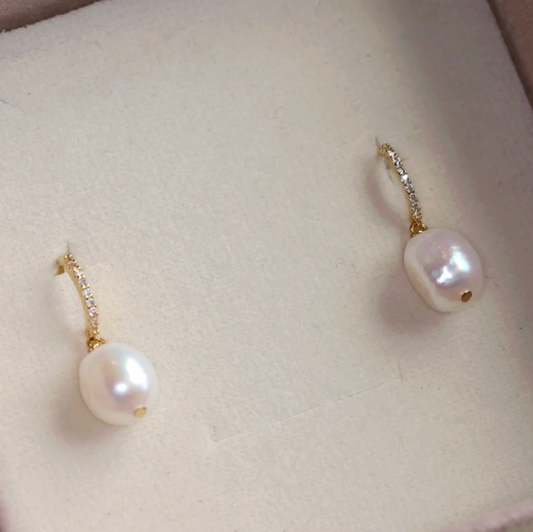 Gold Crystal Huggie Freshwater Pearl Drop Earrings - - 18k Gold Plated Waterproof Jewellery - Collection 9