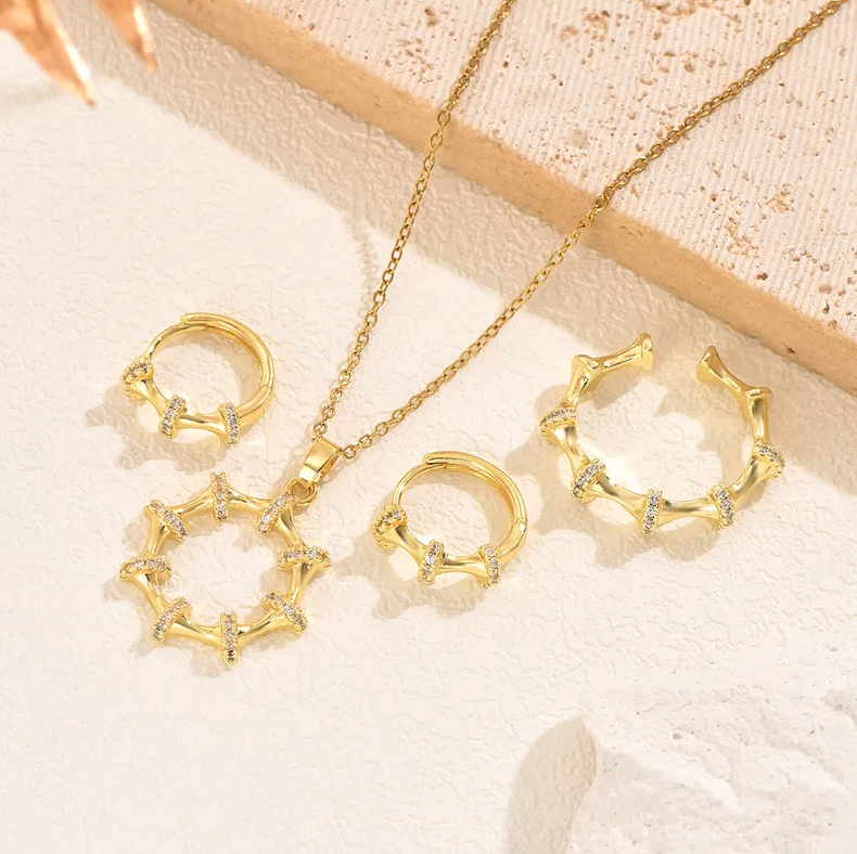 Gold Crystal Bamboo Jewelry Set - - 18k Gold Plated Waterproof Jewellery - Collection 9