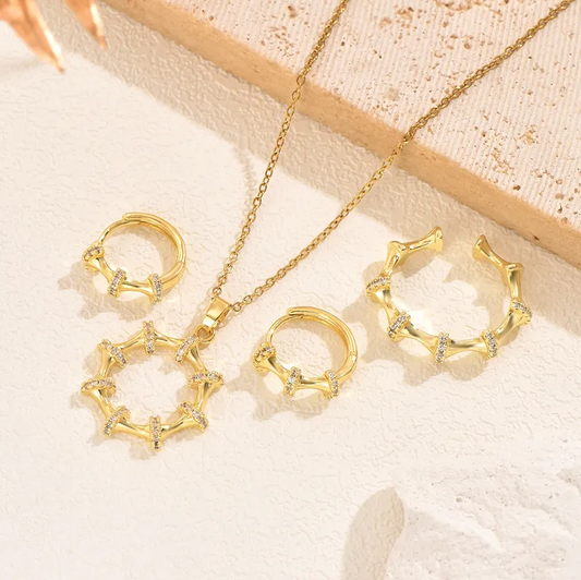 Gold Crystal Bamboo Jewelry Set - - 18k Gold Plated Waterproof Jewellery - Collection 9