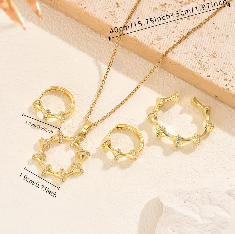 Gold Crystal Bamboo Jewelry Set - - 18k Gold Plated Waterproof Jewellery - Collection 9