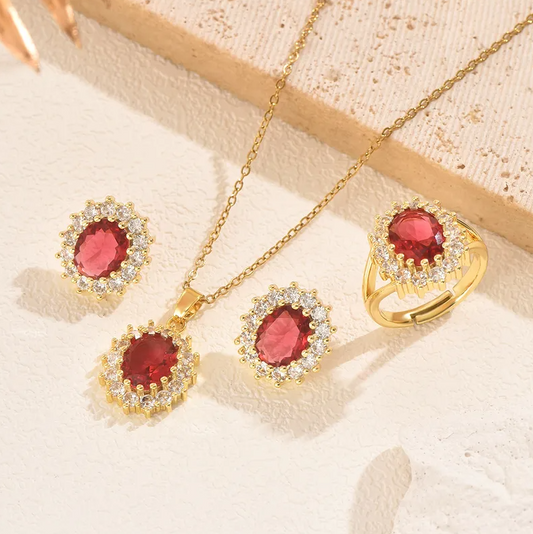 Gold Ruby Crystal Halo Jewelry Set - - 18k Gold Plated Waterproof Jewellery - Collection 9