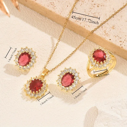 Gold Ruby Crystal Halo Jewelry Set - - 18k Gold Plated Waterproof Jewellery - Collection 9