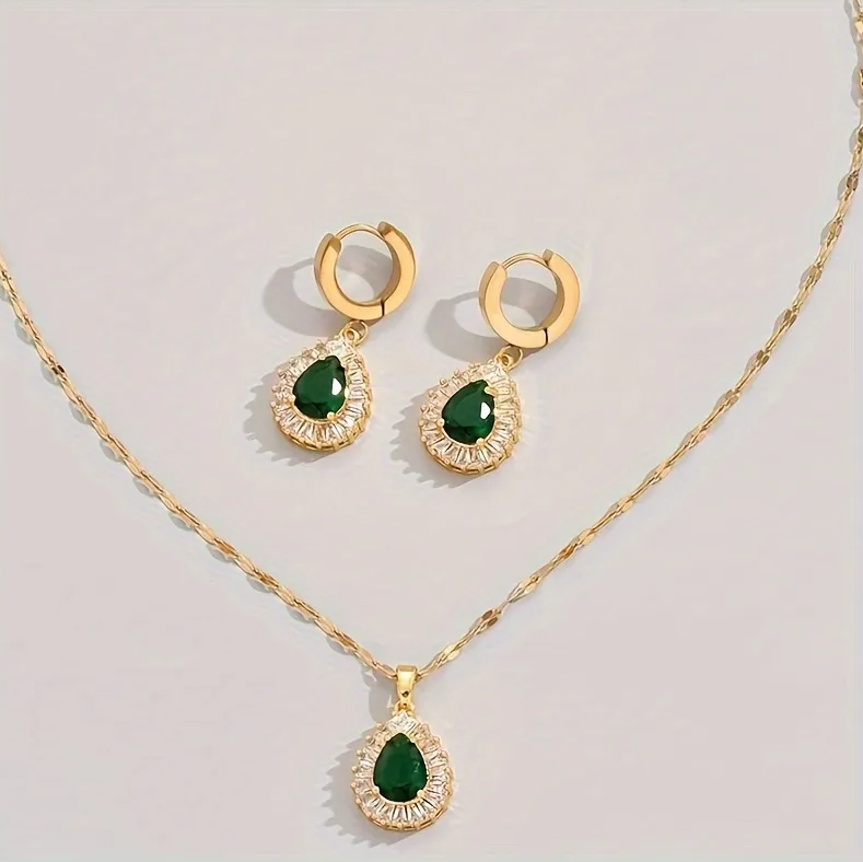 Gold Emerald Crystal Teardrop Jewelry Set - - 18k Gold Plated Waterproof Jewellery - Collection 9