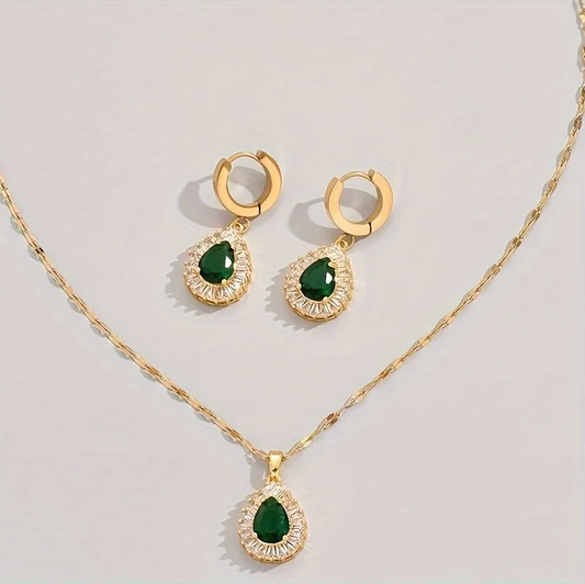 Gold Emerald Crystal Teardrop Jewelry Set - - 18k Gold Plated Waterproof Jewellery - Collection 9