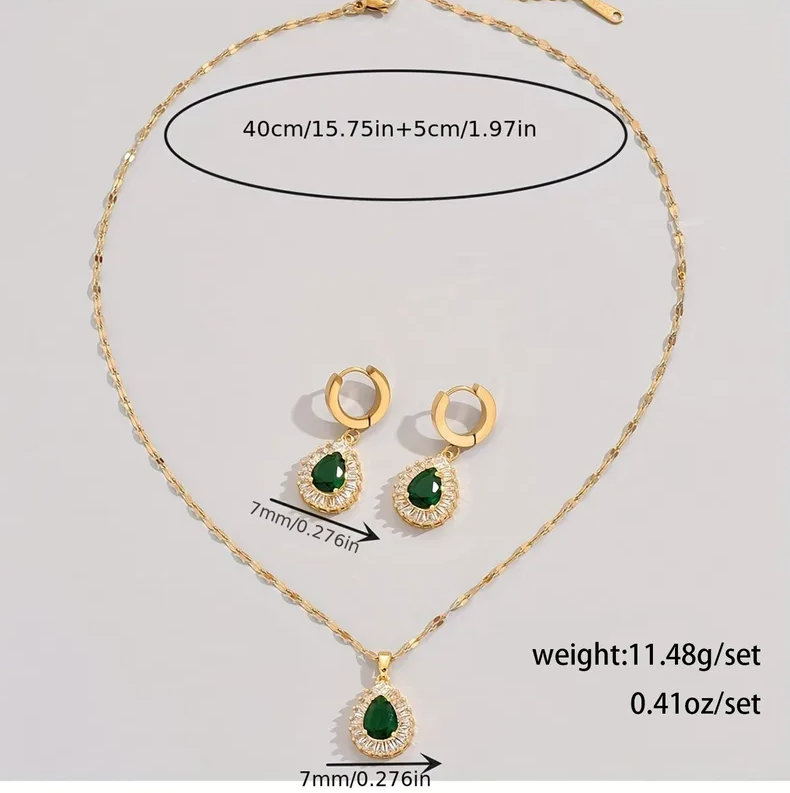 Gold Emerald Crystal Teardrop Jewelry Set - - 18k Gold Plated Waterproof Jewellery - Collection 9