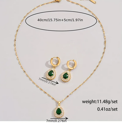 Gold Emerald Crystal Teardrop Jewelry Set - - 18k Gold Plated Waterproof Jewellery - Collection 9