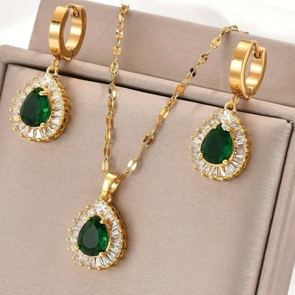 Gold Emerald Crystal Teardrop Jewelry Set - - 18k Gold Plated Waterproof Jewellery - Collection 9