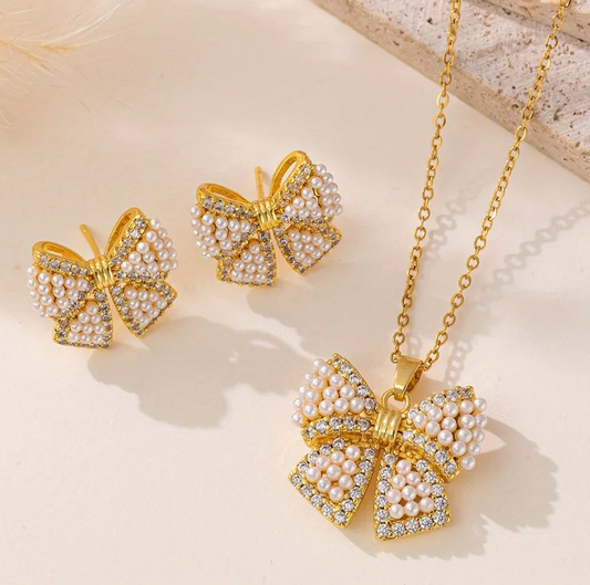 Gold Pearl Crystal Bow Jewelry Set - - 18k Gold Plated Waterproof Jewellery - Collection 9