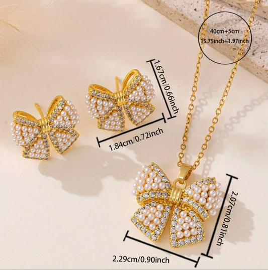 Gold Pearl Crystal Bow Jewelry Set - - 18k Gold Plated Waterproof Jewellery - Collection 9