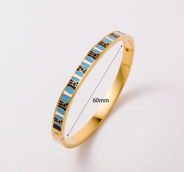 Gold Blue Enamel Geometric Bangle - Bracelets - 18k Gold Plated Waterproof Jewellery - Collection 9
